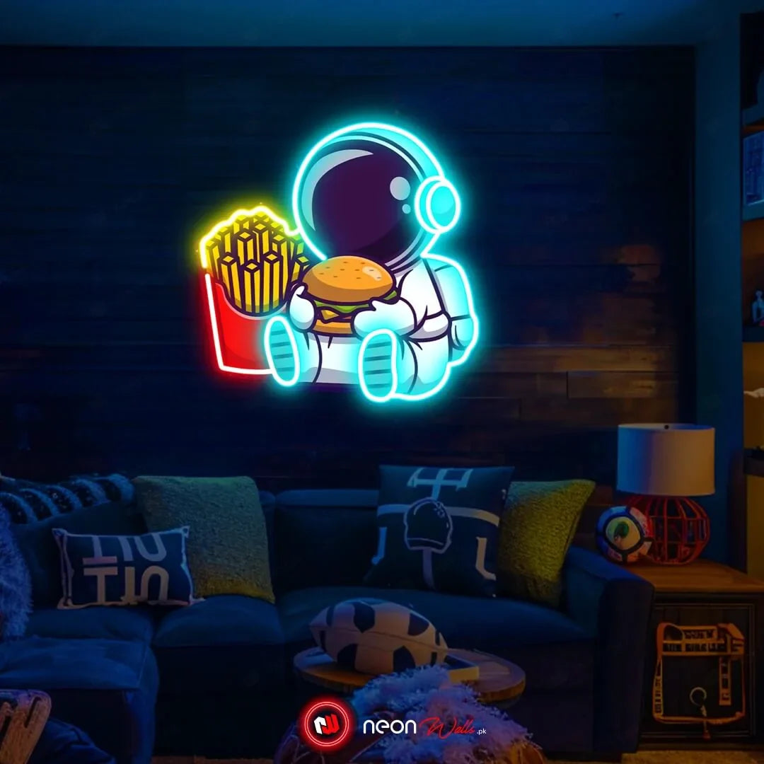 Astronaut Chillin with Burger UV Neon Sign – Brighten Your Space with Cosmic Vibes!