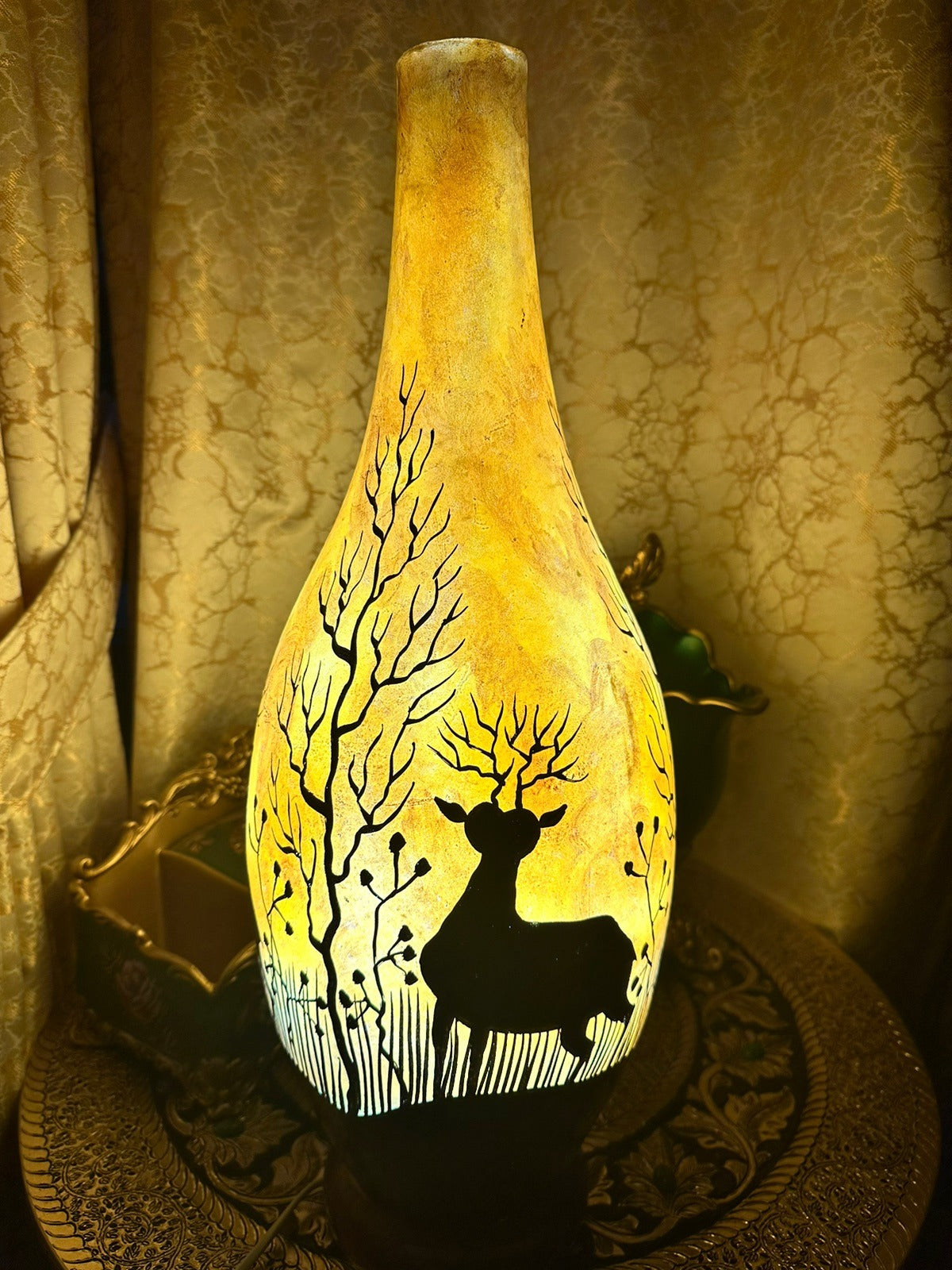 Deer in Wilderness long neck Vase lamp pair