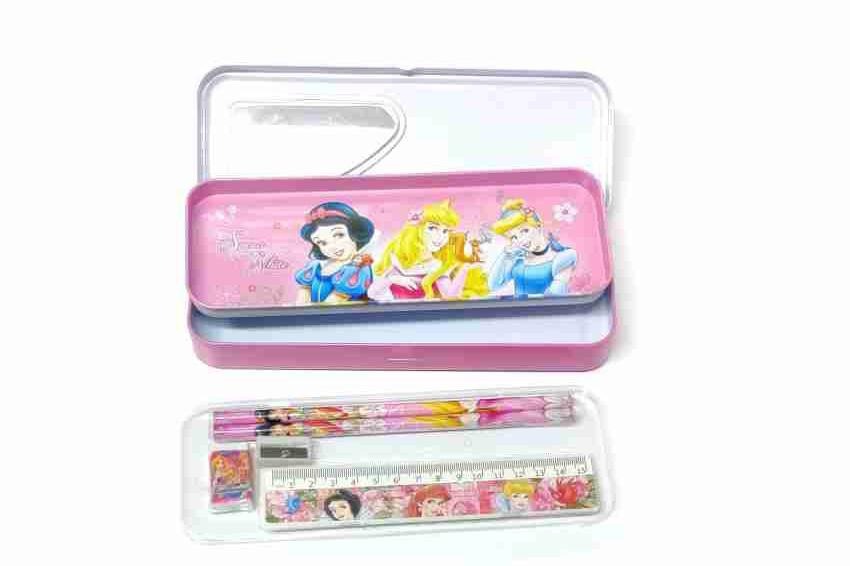 New Pencil Box In Metal Body and Snow White Character with Pencil, Eraser, Sharpner and Scale