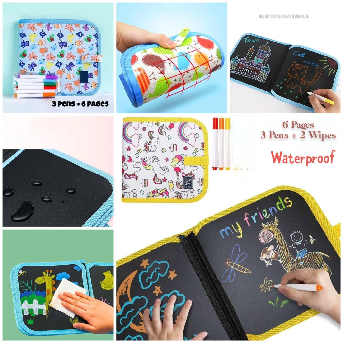 6 Page Sides Waterproof Kids Drawing/Painting Black Board Writing Book