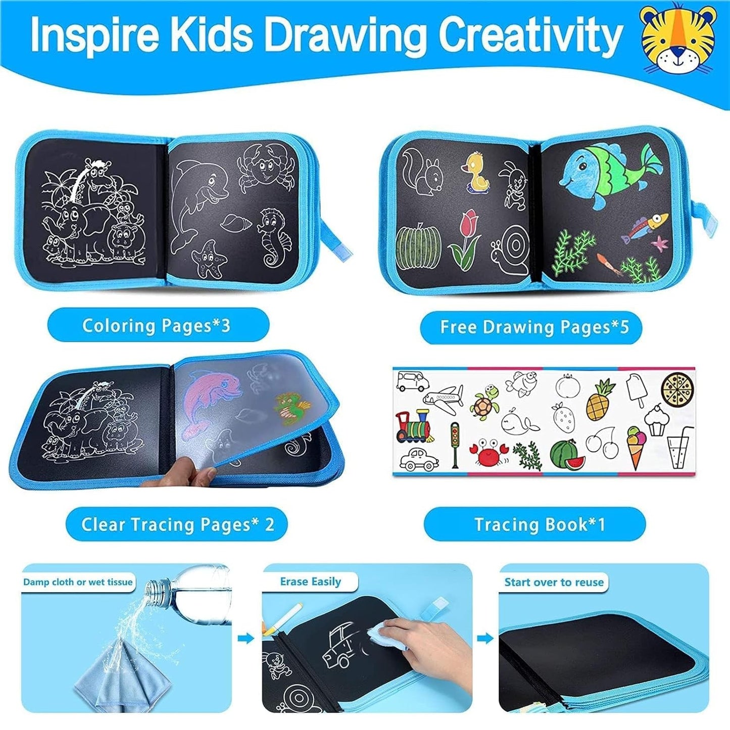 6 Page Sides Waterproof Kids Drawing/Painting Black Board Writing Book