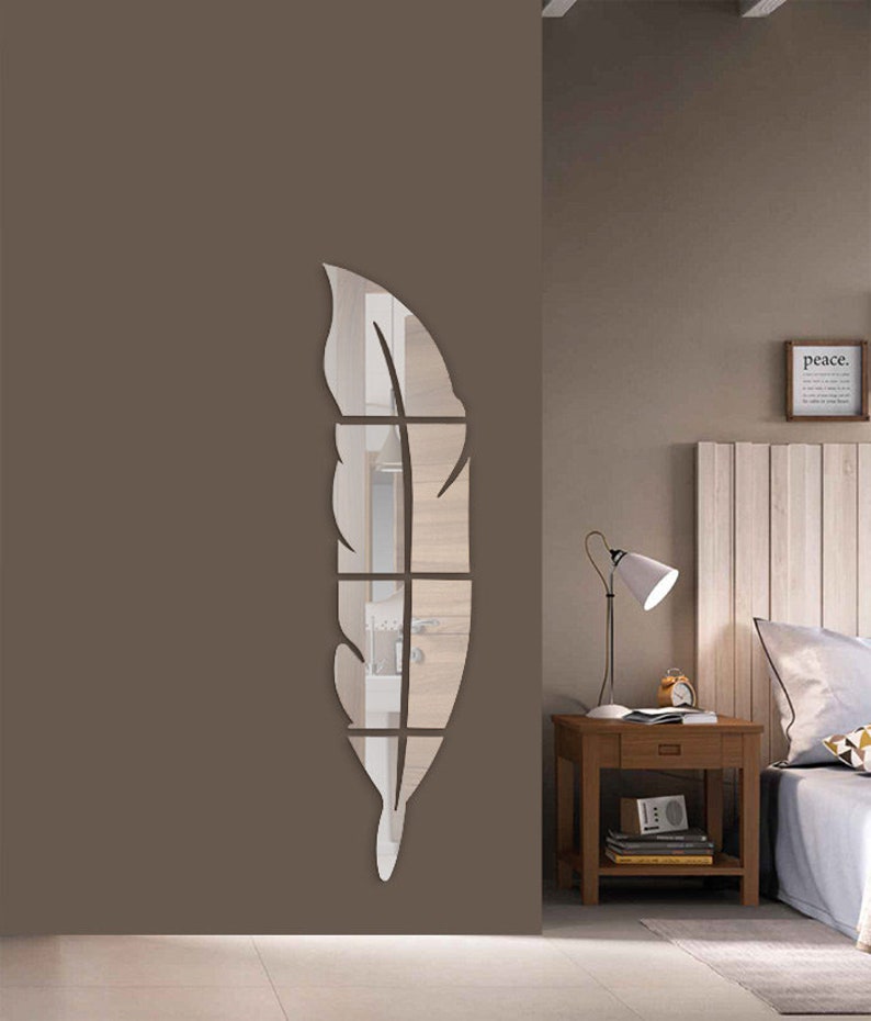 Feather Acrylic Mirror Wall Sticker, Leaf Gold Silver Self-Adhesive Wall Decoration Decals Home Decor for Kids Room