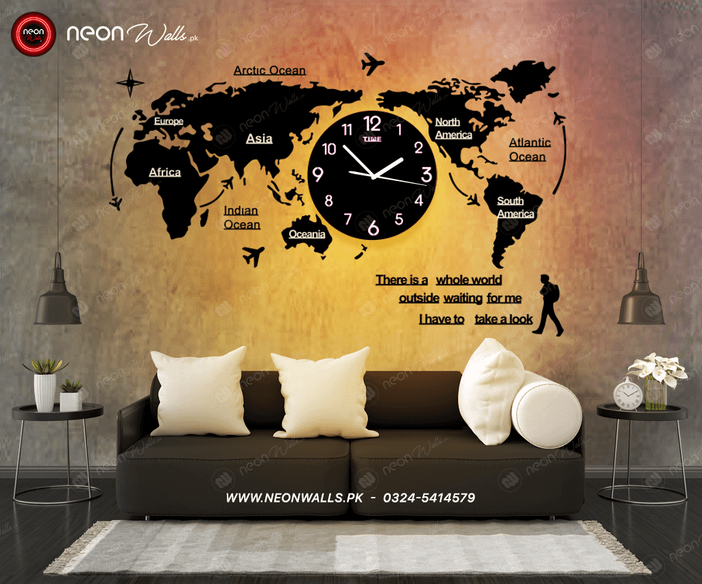 World Map Wall Clock with Neon Light (Large)