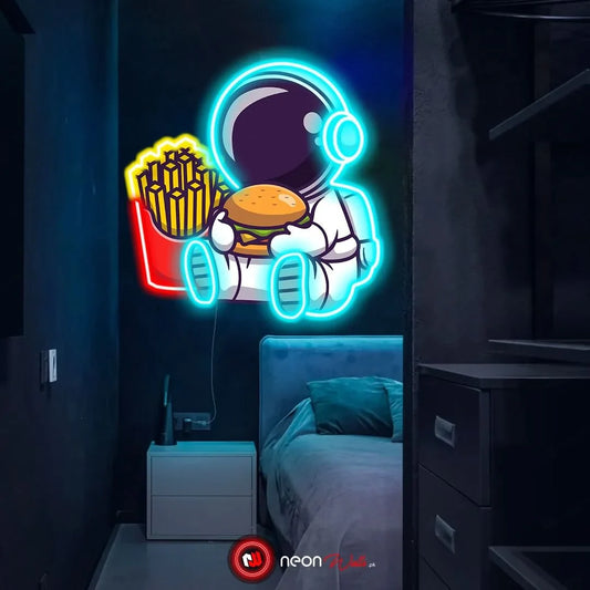 Astronaut Chillin with Burger UV Neon Sign – Brighten Your Space with Cosmic Vibes!