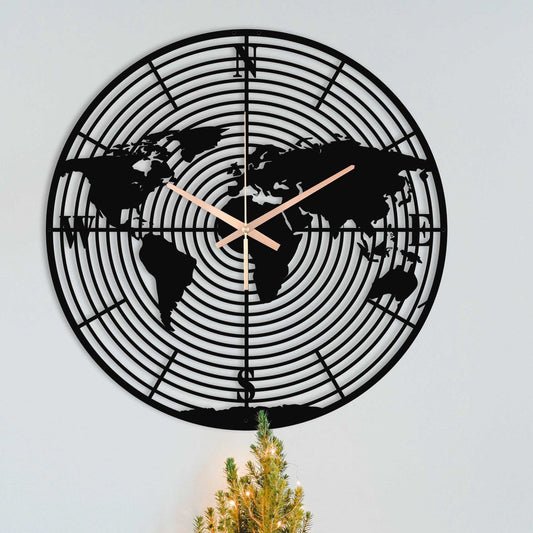 World Map Wall Clock for Boys Room Decor Black Wood