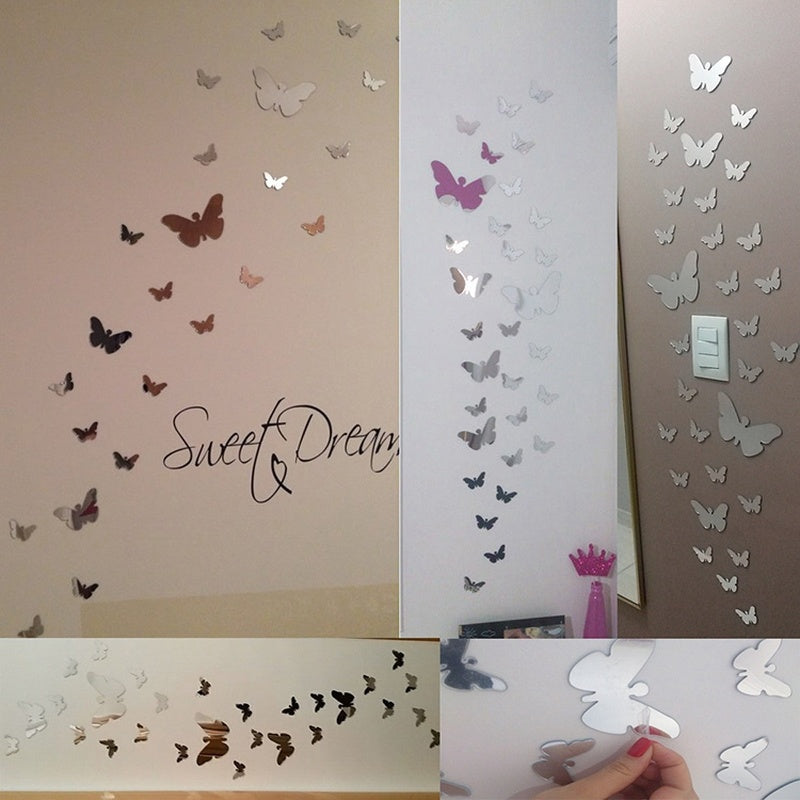 Butterfly Acrylic Mirror Wall Sticker Gold Silver Self-Adhesive Wall Decoration Decals Home Decor for Kids Room