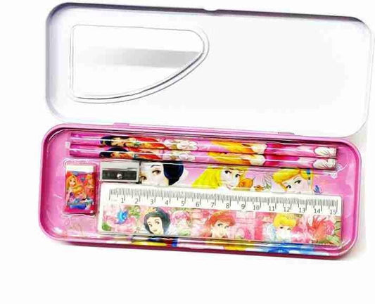 New Pencil Box In Metal Body and Snow White Character with Pencil, Eraser, Sharpner and Scale