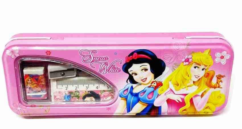 New Pencil Box In Metal Body and Snow White Character with Pencil, Eraser, Sharpner and Scale